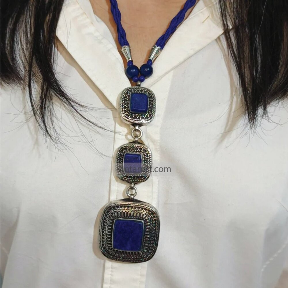 Beaded Chain Necklace with Triple Blue Square Pendants, Lapis Lazuli Stone
